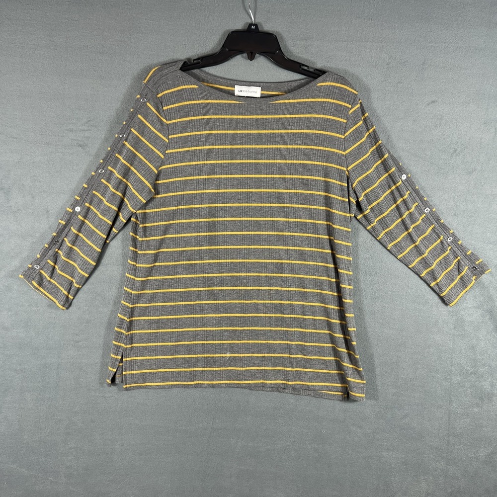Liz Claiborne Women's Gray Yellow Striped Ribbed Knit Top Blouse Size M Roll Tab
